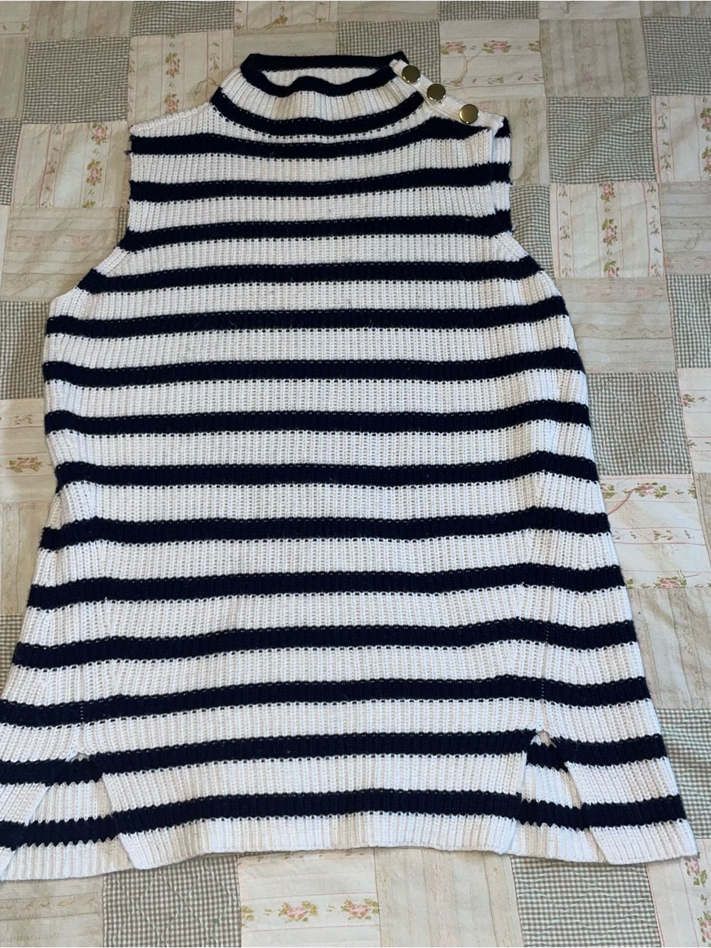 LOFT Navy and White Striped Sleeveless Knit Tunic with Button Detail
